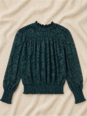 Cable & gauge Lace Smocked Long-Sleeve Top in Teal size XL